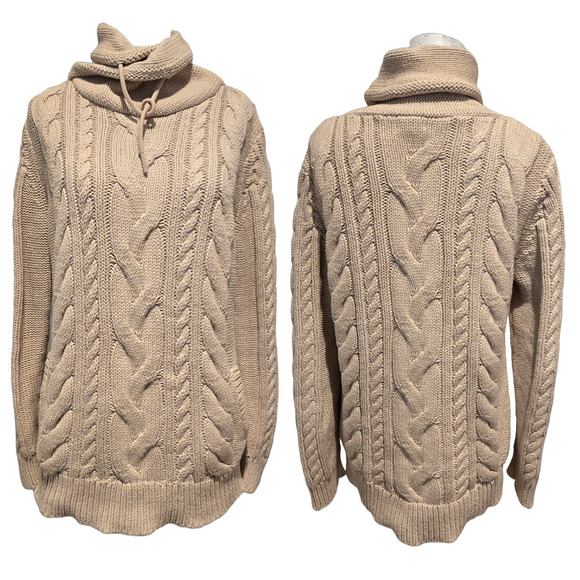 L.L. Bean Double-L Cream Fisherman Mixed Cable Knit Funnel Neck Sweater, Medium - Picture 1 of 9